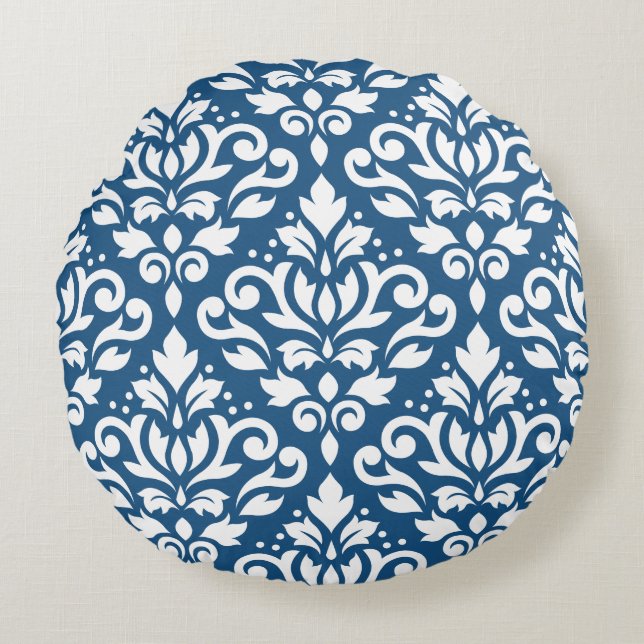 Scroll Damask Lg Ptn White on Dk Blue Round Pillow (Front)