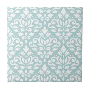 Scroll Damask Lg Ptn White on Duck Egg Blue (B) Tile