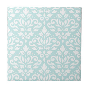 Scroll Damask Lg Ptn White on Duck Egg Blue Ceramic Tile