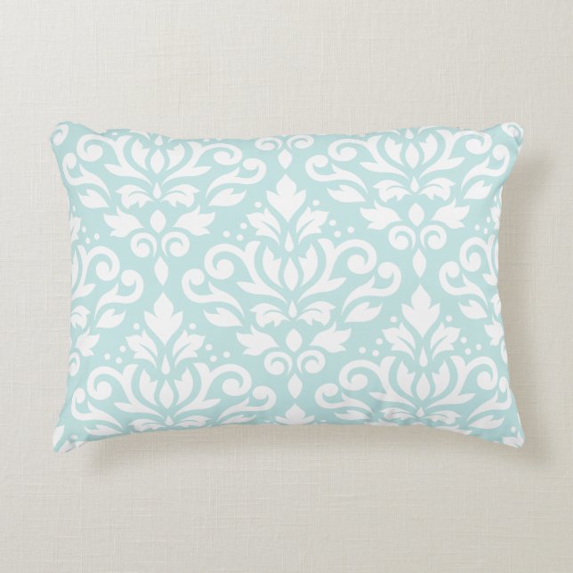 Scroll Damask Lg Ptn White on Duck Egg Blue Decorative Pillow (Front)