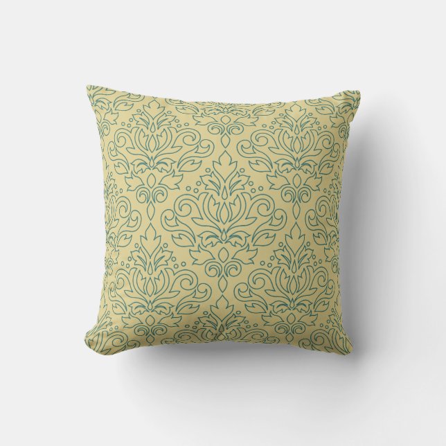 Scroll Damask Line Big Pattern Teal on Gold Throw Pillow (Front)
