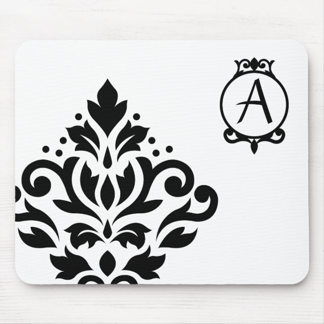 Scroll Damask Off-set I (Initial Ornate) BW Mouse Pad (Front)