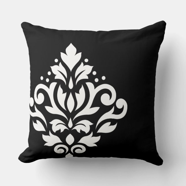 Scroll Damask Off-set I White on Black Throw Pillow (Front)