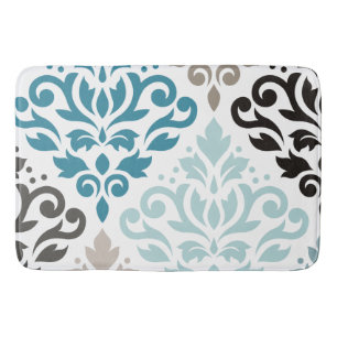 Scroll Damask Offset Ptn Art Teals Browns White Bath Mat