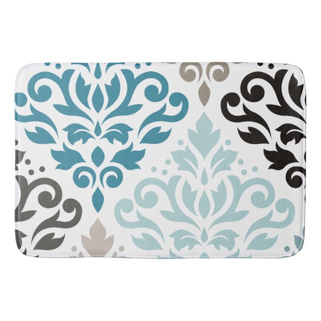 Scroll Damask Offset Ptn Art Teals Browns White Bath Mat (Front)
