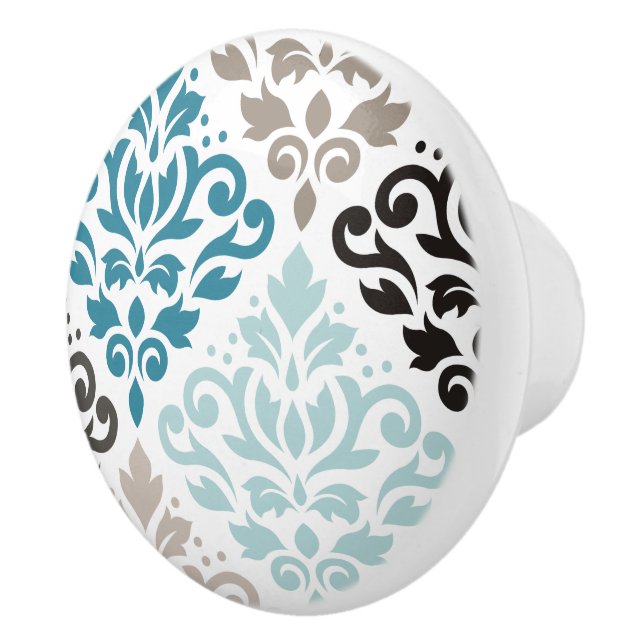 Scroll Damask Offset Ptn Art Teals Browns White Ceramic Knob (Right)