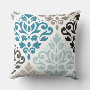 Scroll Damask Offset Ptn Art Teals Browns White Throw Pillow