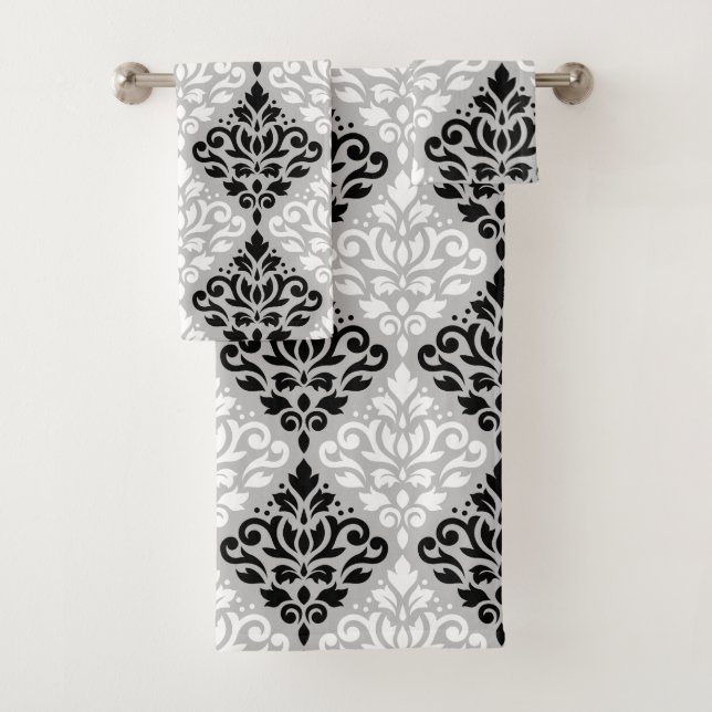 Scroll Damask Pattern B&W on Gray Bath Towel Set (Insitu)
