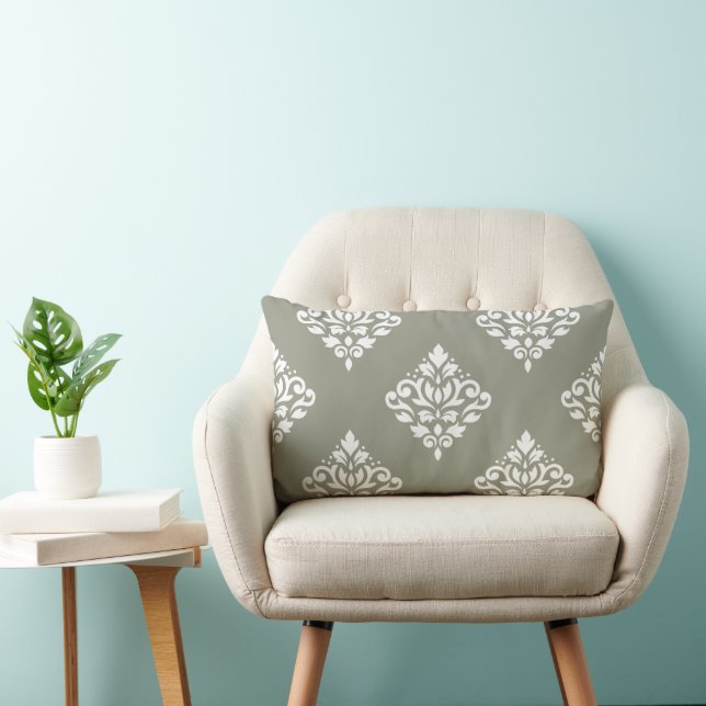 Scroll Damask Pattern (B) White on Green Lumbar Pillow (Chair)