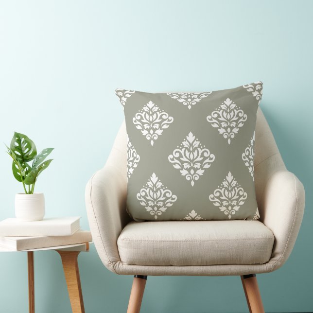 Scroll Damask Pattern (B) White on Green Throw Pillow (Chair)