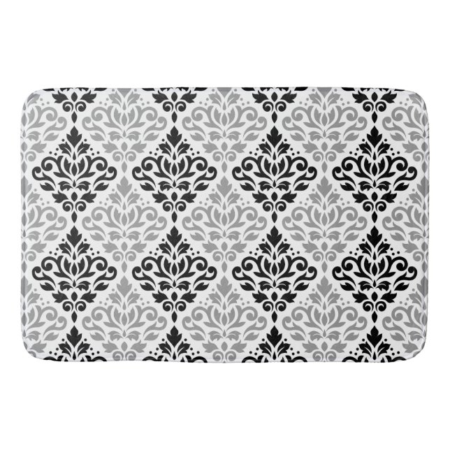 Scroll Damask Pattern Black Gray White Bath Mat (Front)