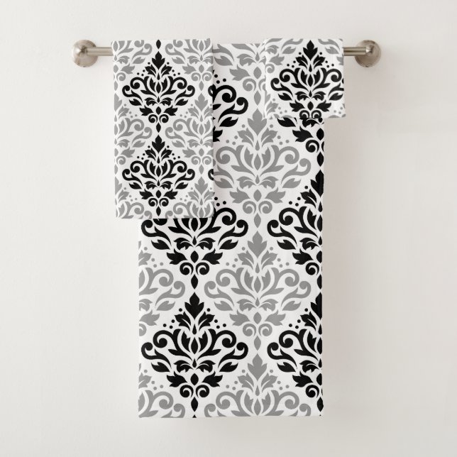 Scroll Damask Pattern Black Gray White Bath Towel Set (Insitu)