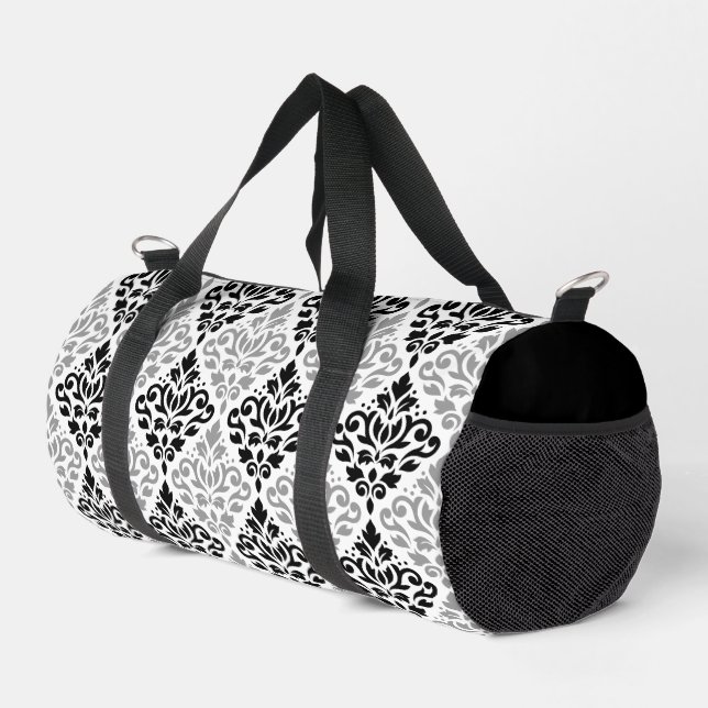 Scroll Damask Pattern Black Gray White Duffle Bag (Right Corner)