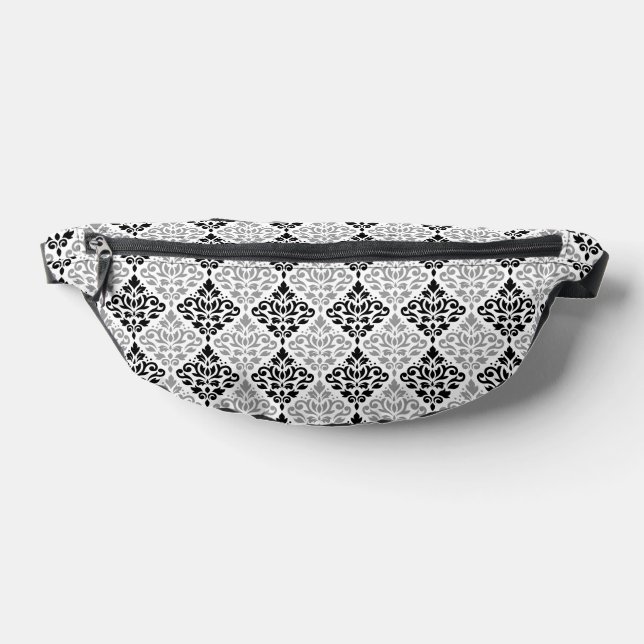 Scroll Damask Pattern Black Gray White Fanny Pack (Lay Down)