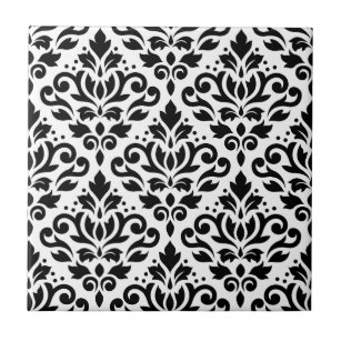 Scroll Damask Pattern Black on White Ceramic Tile
