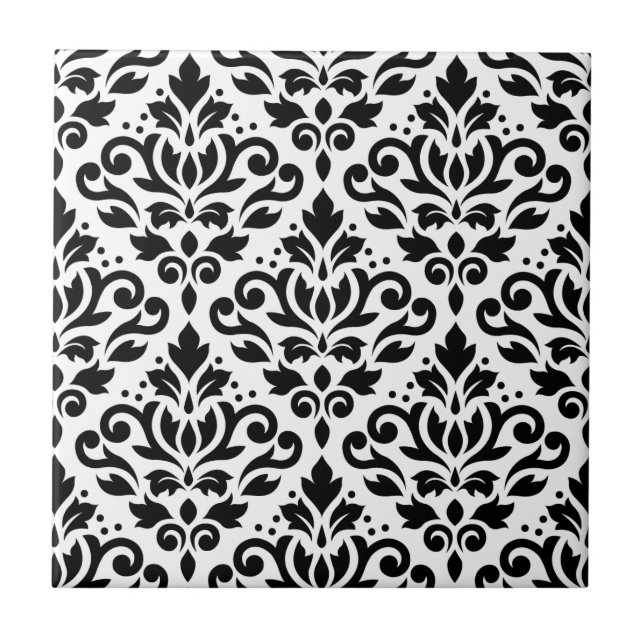 Scroll Damask Pattern Black on White Ceramic Tile (Front)