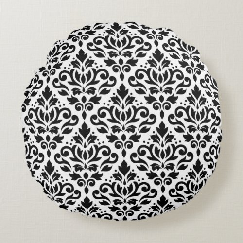 Scroll Damask Pattern Black on White Round Pillow