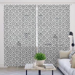 Scroll Damask Pattern Black on White Sheer Curtains