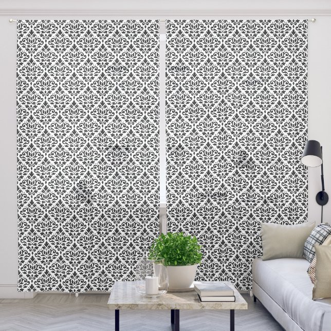 Scroll Damask Pattern Black on White Sheer Curtains (Living Room)