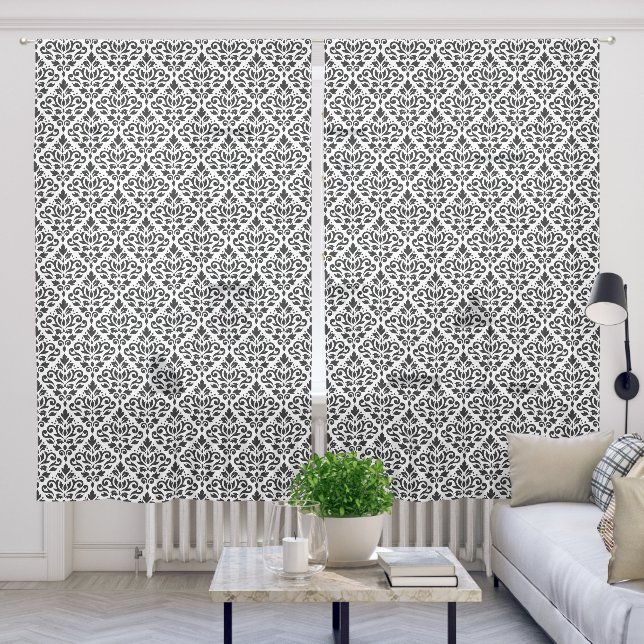 Scroll Damask Pattern Black on White Sheer Curtains (Living Room)