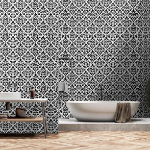 Scroll Damask Pattern Black on White Wallpaper