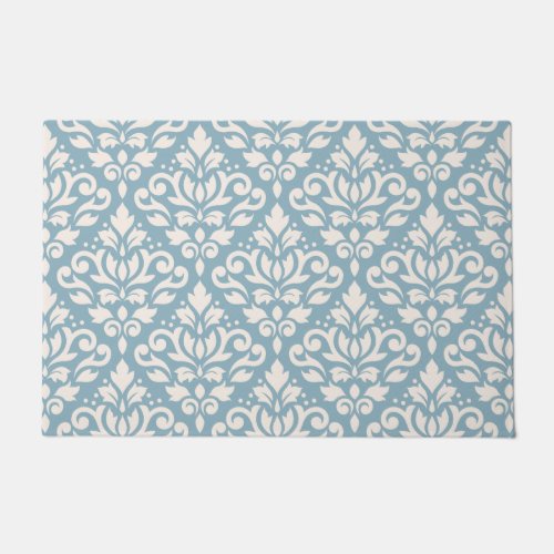 Scroll Damask Pattern Cream on Blue Doormat