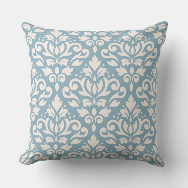Scroll Damask Pattern Cream on Blue Throw Pillow (Front)