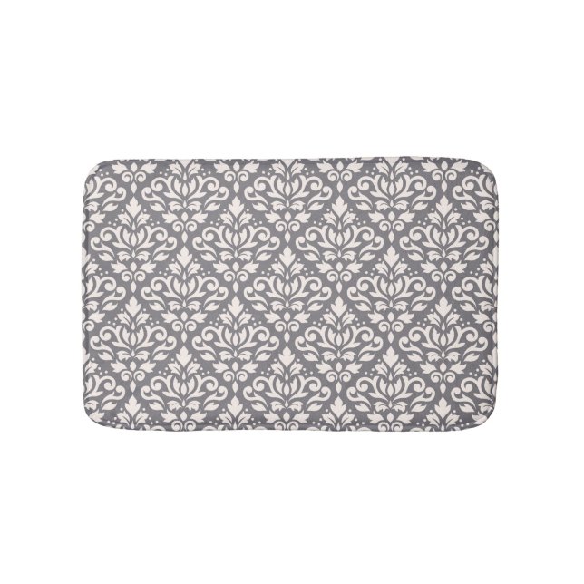 Scroll Damask Pattern Cream on Grey Bathroom Mat (Front)