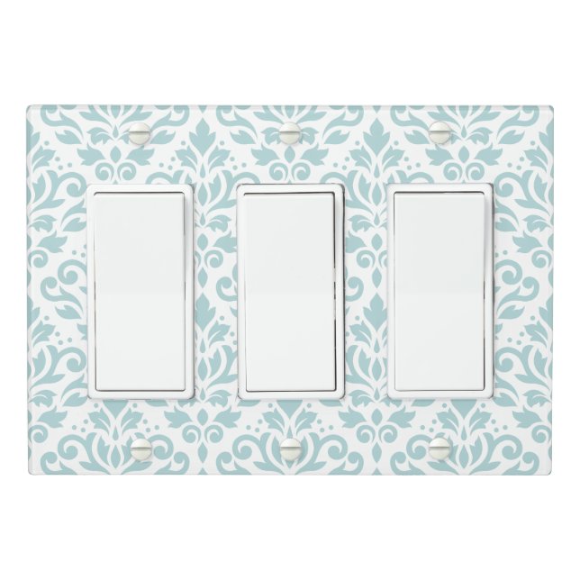 Scroll Damask Pattern Duck Egg Blue on White Light Switch Cover (In Situ)