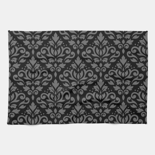 Scroll Damask Pattern Gray on Black Kitchen Towel (Horizontal)
