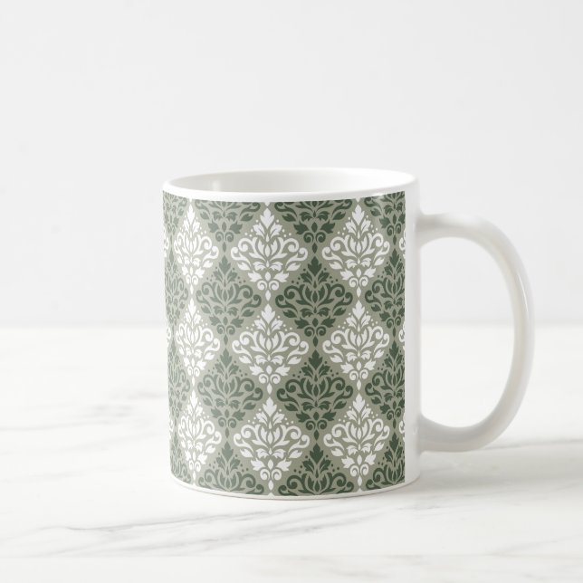 Scroll Damask Pattern Green White Lt Green Coffee Mug (Right)