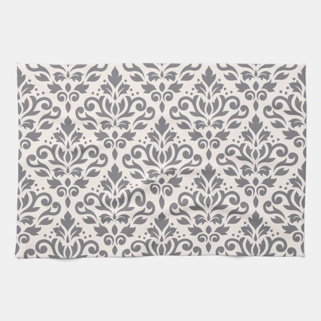 Scroll Damask Pattern Grey on Cream Towel (Horizontal)