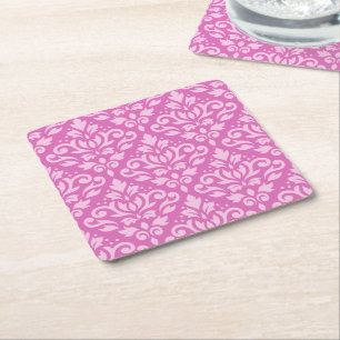 Scroll Damask Pattern Light on Dark Pink Square Paper Coaster