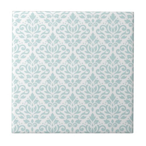 Scroll Damask Pattern Lt Duck Egg Blue on White Tile