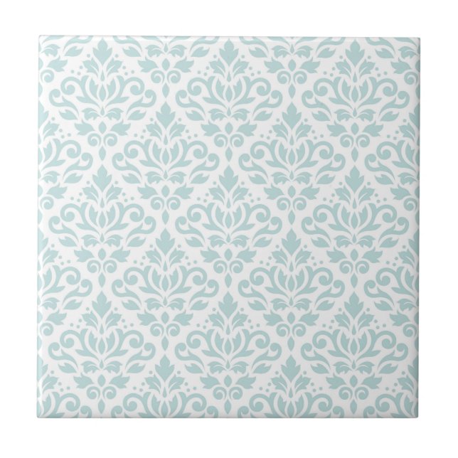Scroll Damask Pattern Lt Duck Egg Blue on White Tile (Front)