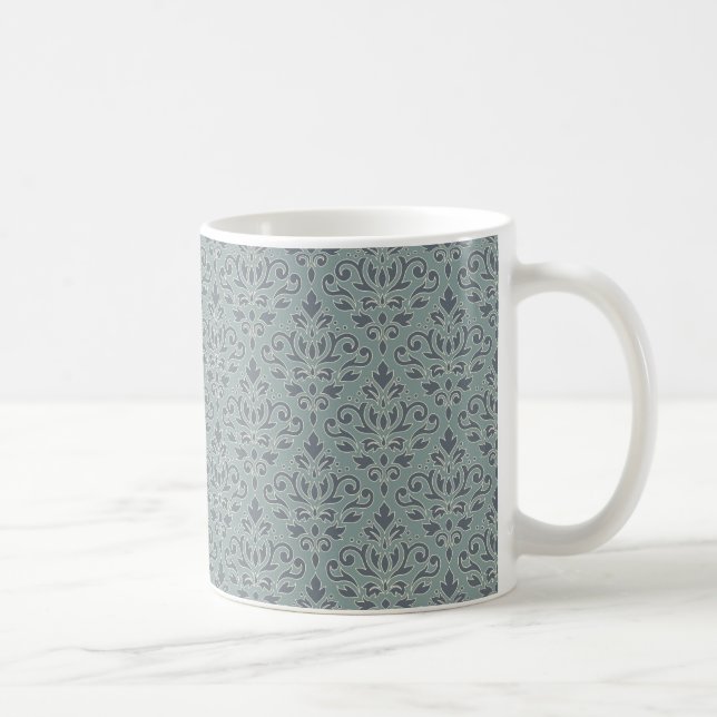 Scroll Damask Pattern (outline) Cream Blue Teal Coffee Mug (Right)