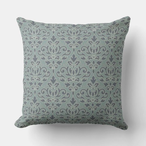 Scroll Damask Pattern outline Cream Blue Teal Throw Pillow