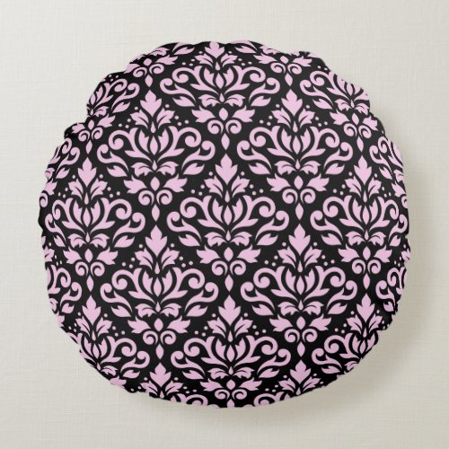 Scroll Damask Pattern Pink on Black Round Pillow