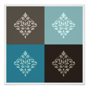 Scroll Damask Pattern Squares Teals Browns White Poster