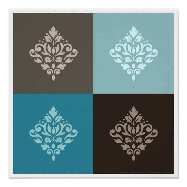 Scroll Damask Pattern Squares Teals Browns White Poster (Front)