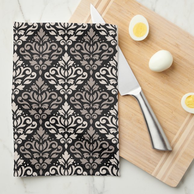 Scroll Damask Pattern Taupe Cream Black Kitchen Towel (Quarter Fold)