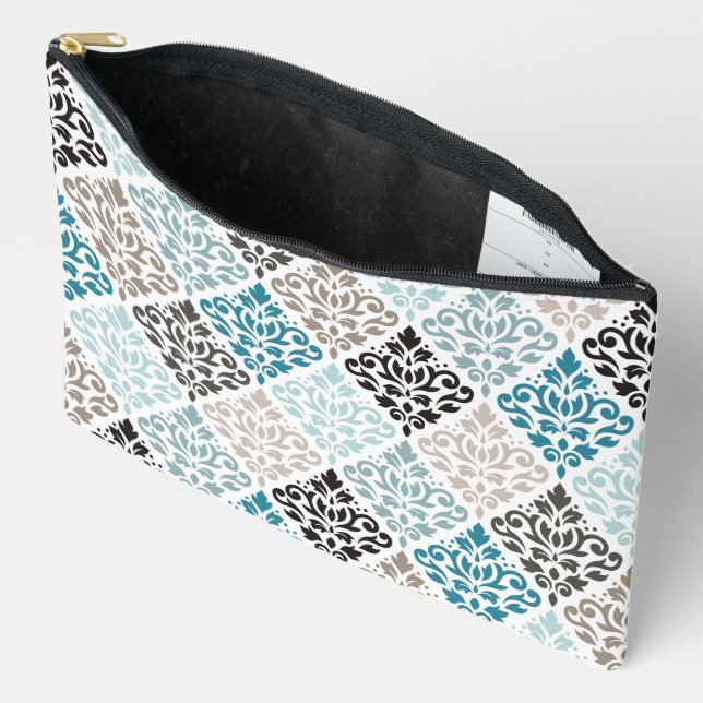Scroll Damask Pattern Teals Browns White Accessory Pouch (Open)