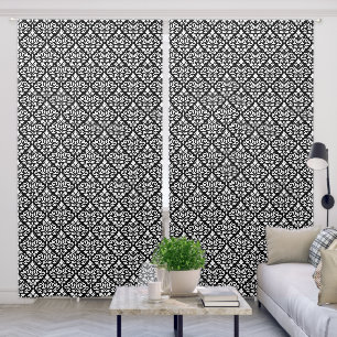 Scroll Damask Pattern White on Black Blackout Curtains