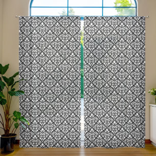 Scroll Damask Pattern White on Black Sheer Curtains