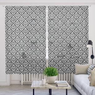 Scroll Damask Pattern White on Black Sheer Curtains