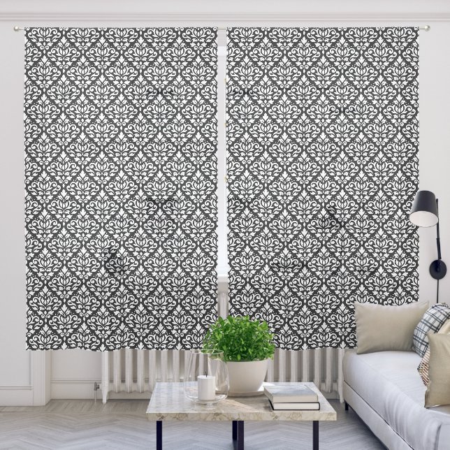Scroll Damask Pattern White on Black Sheer Curtains (Living Room)