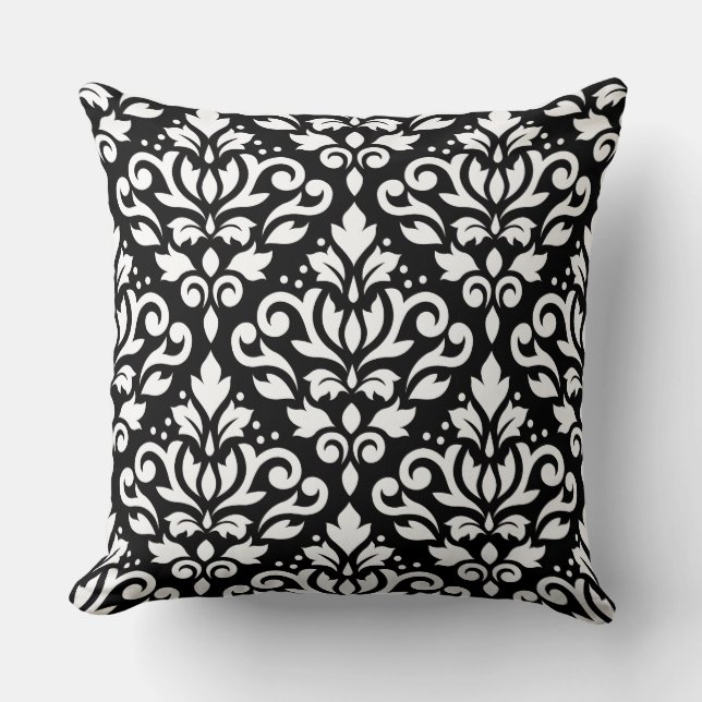 Scroll Damask Pattern White on Black Throw Pillow (Front)