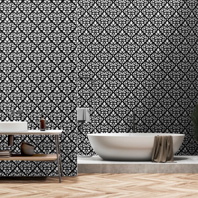 Scroll Damask Pattern White on Black Wallpaper (Bathroom)