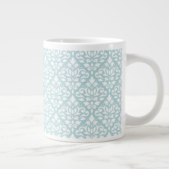 Scroll Damask Pattern White on Duck Egg Blue (B) Giant Coffee Mug (Right)