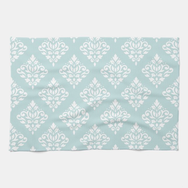 Scroll Damask Ptn (2) White on Duck Egg Blue (B) Towel (Horizontal)